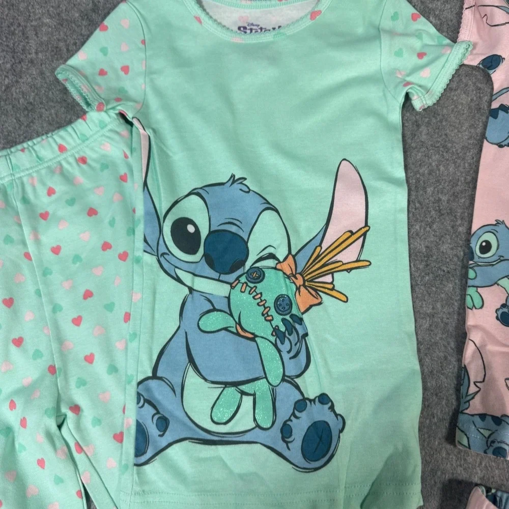 Disney Stitch Girls 4 Piece Pajama Set Mint Green Pink Hearts Size 6 Cotton
